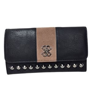 Guess Knoxville Multi Wallet Black Brown Faux Leather Studded Tri-Fold Vegan